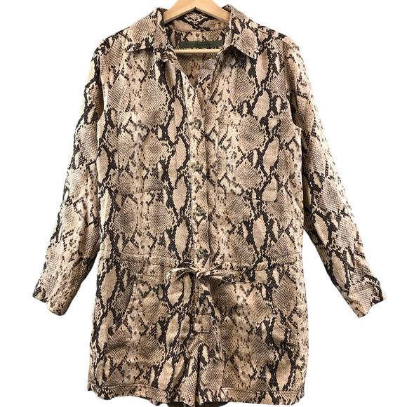 ENZA‎ COSTA Jumpsuit Womens 1 M Brown Linen Long Sleeve Romper Python - Picture 2 of 12